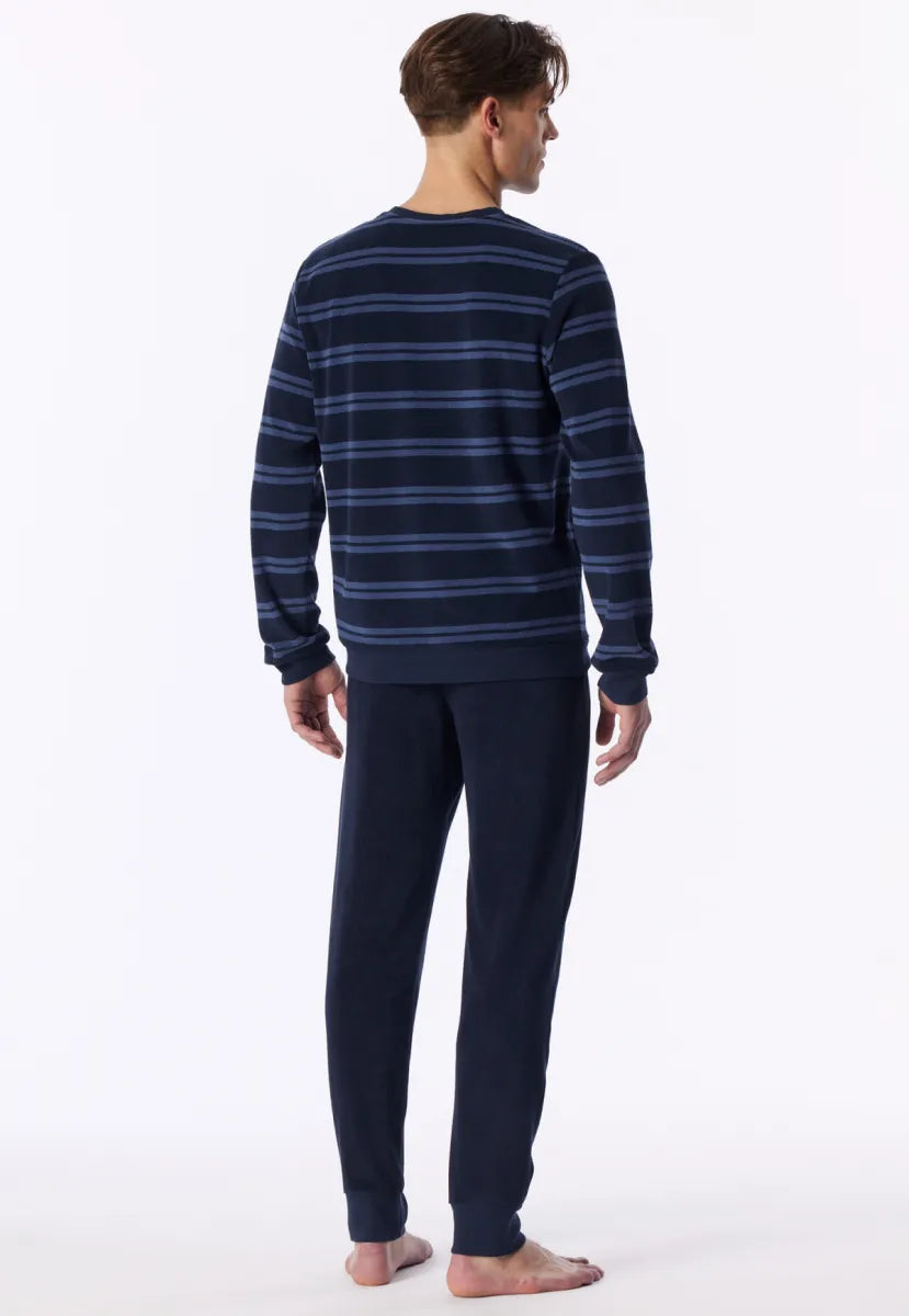 Schiesser Pyjama badstof - Donkerblauwe streep