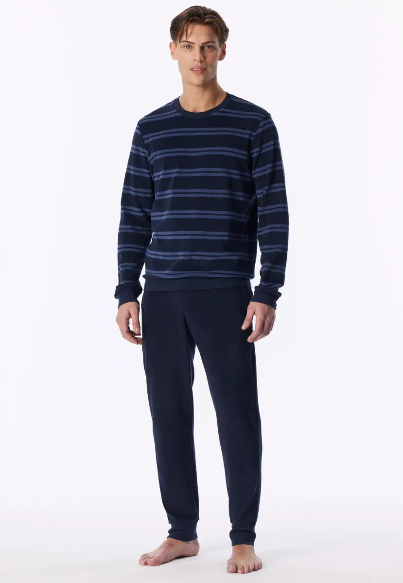 Schiesser Pyjama badstof - Donkerblauwe streep
