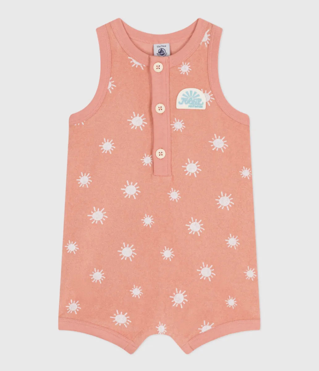 Petit Bateau Kort mouwloos babypakje van katoenen badstof met zonnetjesprint